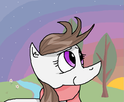 Size: 603x497 | Tagged: artist needed, source needed, safe, imported from ponybooru, oc, oc only, oc:ausdruck, earth pony, pony, /mlp/, clothes, female, grass, grass field, river, scarf, smiling, solo, stream, sun, t:em/p/o, tree