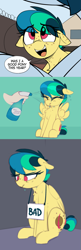 Size: 1069x3294 | Tagged: safe, artist:shinodage, imported from ponybooru, oc, oc:apogee, oc:delta vee, pegasus, pony, bad pony, chest fluff, detailed background, dialogue, eye clipping through hair, eyes closed, female, filly, freckles, open mouth, pegasus oc, pony shaming, sign, sitting, speech bubble, spray bottle, text, wet, wings