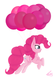 Size: 3100x4300 | Tagged: safe, artist:graphictoxin, imported from derpibooru, pinkie pie, earth pony, pony, balloon, canon, female, fluffy, flying, happy, high res, lineless, mare, simple background, smiling, solo, white background