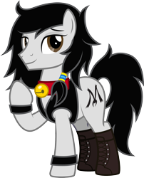 Size: 1889x2337 | Tagged: safe, artist:lightning stripe, derpibooru exclusive, imported from derpibooru, oc, oc:double m, earth pony, pony, derpibooru community collaboration, 2021 community collab, bell, bell collar, black mane, black tail, boots, brown eyes, clothes, collar, cutie mark, earth pony oc, feminine stallion, jacket, male, shoes, simple background, solo, stallion, transparent background, white coat