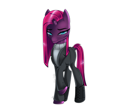 Size: 2500x2200 | Tagged: safe, artist:melanyschaffer, artist:opal_radiance, imported from derpibooru, fizzlepop berrytwist, tempest shadow, pony, unicorn, alternate hairstyle, boots, broken horn, clothes, coat, eye scar, female, horn, jeans, mare, pants, raised hoof, scar, shoes, simple background, solo, sweater, transparent background