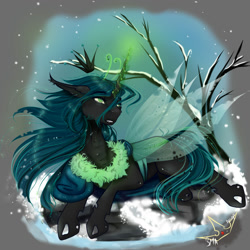 Size: 2000x2000 | Tagged: safe, artist:martazap3, imported from derpibooru, queen chrysalis, alicorn, changeling, changeling queen, pony, female, horn, queen, solo, wings, winter