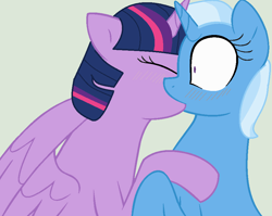 Size: 911x724 | Tagged: safe, artist:jadeharmony, artist:jadethepegasus, imported from derpibooru, trixie, twilight sparkle, alicorn, pony, unicorn, blushing, duo, eyes closed, female, gray background, kiss on the lips, kissing, lesbian, mare, shipping, simple background, surprise kiss, twilight sparkle (alicorn), twixie