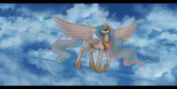 Size: 3500x1765 | Tagged: safe, artist:ventious, imported from derpibooru, princess celestia, alicorn, pony, cloud, dutch angle, female, letterboxing, looking up, mare, sky, solo, spread wings, water, wings, wip