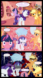 Size: 1280x2300 | Tagged: safe, artist:bigsnusnu, imported from derpibooru, applejack, rarity, twilight sparkle, earth pony, unicorn, comic:dusk shine in pursuit of happiness, angry, blushing, dusk shine, glare, imagination, pillow, pillow fight, rule 63