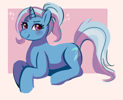 Size: 1294x1049 | Tagged: safe, artist:cherivinca, imported from derpibooru, trixie, pony, unicorn, alternate hairstyle, cute, diatrixes, female, lying down, mare, ponytail, prone, solo