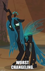 Size: 500x797 | Tagged: safe, edit, edited screencap, imported from derpibooru, screencap, queen chrysalis, changeling, changeling queen, frenemies (episode), abuse, cropped, crown, evil lair, female, frown, grogar's lair, imgflip, jewelry, lair, mare, op is a duck, op is trying to start shit, regalia, sad, solo, spread wings, standing, wings, worst changeling, worst pony