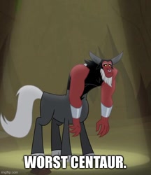 Size: 500x579 | Tagged: safe, edit, edited screencap, imported from derpibooru, screencap, lord tirek, centaur, frenemies (episode), abuse, bracer, caption, cloven hooves, colored hooves, cropped, floppy ears, image macro, nose piercing, nose ring, piercing, sad, septum piercing, spotlight, standing, text, worst centaur, worst pony