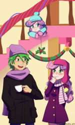 Size: 2100x3500 | Tagged: safe, artist:riouku, imported from derpibooru, princess flurry heart, spike, sweetie belle, human, blushing, clothes, commission, cute, female, flurry the shipper, hearth's warming eve, holly, holly mistaken for mistletoe, humanized, male, mistletoe, shipper on deck, shipping, spikebelle, staircase, straight, uncle spike, winter outfit