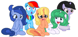 Size: 2134x1034 | Tagged: safe, artist:徐詩珮, imported from derpibooru, rainbow dash, oc, oc:choi sky, oc:diana paintbrush, oc:janey, oc:rainbow eevee, oc:succulant holp, eevee, unicorn, faic, female, females only, glasses, mare, pokefied, pokémon, shrunken pupils, simple background, transparent background