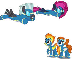 Size: 3751x3060 | Tagged: safe, artist:zacatron94, imported from derpibooru, spitfire, thunderlane, oc, oc:neon flare, oc:sky chase, pegasus, pony, clothes, commission, goggles, high res, show accurate, simple background, transparent background, uniform, vector, wonderbolts uniform