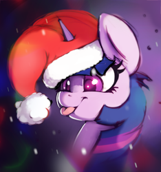 Size: 2769x2956 | Tagged: safe, artist:d0ublerainb0wdash, imported from derpibooru, twilight sparkle, alicorn, pony, unicorn, :p, bust, christmas, colored pupils, cute, female, gradient background, hat, holiday, horn, horn impalement, mare, portrait, redraw, santa hat, smiling, snow, snowfall, solo, tongue out, twiabetes, unicorn twilight, weapons-grade cute