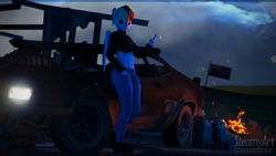 Size: 3840x2160 | Tagged: safe, artist:phenioxflame, artist:steamyart, imported from derpibooru, rainbow dash, anthro, pegasus, 3d, australia, bra, campfire, car, clothes, ear piercing, jacket, jeans, leaning, looking at you, mad max, pants, piercing, smoking, source filmmaker, underwear