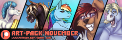 Size: 1520x500 | Tagged: safe, artist:sunny way, imported from derpibooru, rainbow dash, oc, anthro, cyborg, dog, horse, pegasus, anthro dog, anthro horse, art, art pack, artwork, clothes, cute, digital art, exclusive, fanart, female, finished commission, furry, hercules, male, mlp fim, muscles, my little pony, partial nudity, patreon, patreon reward, smiling, stallion, topless