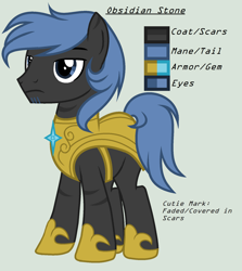 Size: 1664x1864 | Tagged: safe, artist:lominicinfinity, imported from derpibooru, oc, oc only, oc:obisidian stone, oc:obsidian stone, pony, armor, male, royal guard armor, simple background, solo, stallion