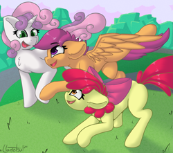Size: 2211x1956 | Tagged: safe, artist:llametsul, imported from derpibooru, apple bloom, scootaloo, sweetie belle, earth pony, pegasus, pony, unicorn, adorabloom, bow, chest fluff, cute, cutealoo, cutie mark crusaders, diasweetes, ear fluff, female, filly, happy, horn, looking at each other, playing, running, smiling, trio, wings