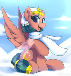 Size: 1850x2000 | Tagged: safe, artist:shadowreindeer, imported from derpibooru, somnambula, pegasus, pony, clothes, cute, female, looking at you, mare, open mouth, raised hoof, scarf, sitting, smiling, snow, solo, somnambetes, winter