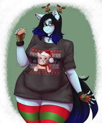 Size: 1071x1280 | Tagged: safe, artist:chango-tan, imported from derpibooru, oc, oc only, anthro, earth pony, belly, blushing, breasts, cake, choker, christmas, chubby, clothes, digital art, ear piercing, earring, fat, female, food, glasses, holiday, jewelry, looking at you, piercing, simple background, smiling, smiling at you, socks, solo, solo female, striped socks, tail, thighs, wide hips