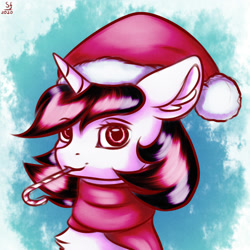 Size: 2000x2000 | Tagged: safe, artist:brilliant-luna, imported from derpibooru, oc, oc only, oc:blackjack, pony, fallout equestria, fallout equestria: project horizons, bust, candy, candy cane, chest fluff, christmas, clothes, ear fluff, fanfic art, female, food, hat, holiday, santa hat, scarf, solo, solo female