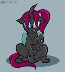 Size: 1200x1335 | Tagged: safe, artist:redpalette, imported from derpibooru, oc, changeling, changeling oc, cute, sitting, smiling, wings