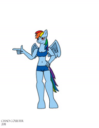 Size: 1700x2200 | Tagged: safe, artist:baroquewolfe, imported from derpibooru, rainbow dash, anthro, unguligrade anthro, bikini, blue swimsuit, breasts, cleavage, clothes, hand on hip, looking at you, simple background, solo, swimsuit, white background, wings