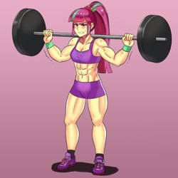 Size: 800x800 | Tagged: safe, artist:tzc, imported from derpibooru, sour sweet, equestria girls, abs, anime, belly button, blushing, bodybuilder, breasts, busty sour sweet, clothes, commission, dumbbell (object), female, fetish, gritted teeth, gym shorts, muscle fetish, muscles, muscular female, pink background, ponytail, shoes, shorts, simple background, sneakers, socks, solo, sour swole, sports bra, sports shorts, sweat, tomboy, weight lifting, weights, wristband