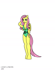 Size: 1700x2200 | Tagged: safe, artist:baroquewolfe, imported from derpibooru, fluttershy, anthro, unguligrade anthro, arm behind head, breasts, cleavage, clothes, green swimsuit, looking at you, one-piece swimsuit, shy, simple background, solo, swimsuit, tail, white background, wings