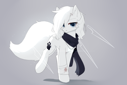 Size: 1500x1000 | Tagged: safe, artist:heddopen, imported from derpibooru, oc, oc only, oc:loulou, earth pony, pony, bandage, clothes, ear fluff, female, fluffy tail, gray background, injured, jewelry, looking at you, mare, necklace, pure white, scarf, short hair, simple background, solo