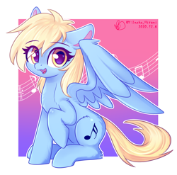 Size: 2150x2124 | Tagged: safe, artist:inaba_hitomi, imported from derpibooru, oc, oc only, pegasus, pony, cute, music notes, ocbetes, open mouth, raised hoof, sitting, solo