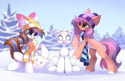 Size: 4777x3100 | Tagged: safe, artist:airiniblock, imported from derpibooru, oc, oc only, oc:breezy, pony, beanie, bow, chest fluff, clothes, commission, cute, duo, happy, hat, pale belly, rcf community, scarf, snow, snowpony, white belly, winter, winter hat