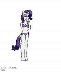 Size: 1508x1806 | Tagged: safe, artist:baroquewolfe, imported from derpibooru, rarity, anthro, unguligrade anthro, belly button, bikini, breasts, cleavage, clothes, cutie mark, horn, horned anthro, looking at you, purple swimsuit, smiling at you, solo, string bikini, swimsuit, tail