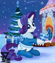 Size: 2400x2784 | Tagged: safe, artist:theretroart88, imported from derpibooru, rarity, pony, unicorn, carousel boutique, christmas, christmas tree, clothes, coat, cute, gift wrapped, holding a present, holiday, log, looking at you, present, raribetes, snow, snowfall, snowflake, socks, solo, tree, winter, winter outfit