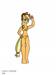 Size: 1451x1934 | Tagged: safe, artist:baroquewolfe, imported from derpibooru, applejack, anthro, unguligrade anthro, belly button, bikini, breasts, cleavage, clothes, hand on hip, looking at you, orange swimsuit, simple background, smiling at you, solo, swimsuit, tail, white background
