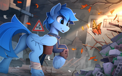Size: 2350x1470 | Tagged: safe, artist:yakovlev-vad, imported from derpibooru, oc, oc only, butterfly, pegasus, pony, fallout equestria, bag, bandage, butt, clothes, cute, eyebrows, eyebrows visible through hair, fallout equestria oc, folded wings, frog (hoof), jumpsuit, patreon, patreon reward, pipbuck, plot, raised hoof, saddle bag, solo, underhoof, vault suit, wings