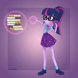 Size: 2000x2000 | Tagged: safe, artist:underratedhero, imported from derpibooru, sci-twi, twilight sparkle, equestria girls, book, clothes, commission, female, geode of telekinesis, glasses, magic, magical geodes, simple background, skirt, solo, telekinesis, that human sure does love books