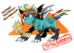 Size: 900x644 | Tagged: safe, artist:raizy, imported from derpibooru, oc, oc only, oc:d-d-dueling duocorn, changeling, diamond dog, dragon, hybrid, original species, pony, werewolf, 2edgy4me, blue, blue coat, changeling dragon pony hybrid, claws, cutie mark, cutie mark of oneself, cutiemarkception, donut steel, dragon wings, edgy, fangs, gary stu, horn, implied applejack, implied shipping, male, mary sue, parody, pegasus wing, pegasus wings, pokémon, ponysona, rainbow tail, simple background, solo, stallion, text, vulgar, wat, werewolf pony hybrid, white background, wings, wtf, yu-gi-oh!