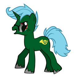 Size: 1800x1800 | Tagged: safe, artist:opus-13, imported from derpibooru, oc, oc only, oc:blue note, pony, unicorn, pony creator, blue mane, blue tail, freckles, french horn, french horn cutie mark, green pony, green unicorn, looking at you, male, musical instrument, side view, simple background, smiling, smiling at you, solo, stallion, sunglasses, white background