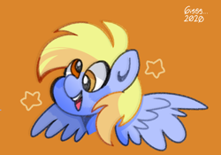 Size: 1024x718 | Tagged: safe, artist:blackdog-stuff, artist:gissel00001, artist:opossum-stuff, imported from derpibooru, derpy hooves, pegasus, pony, bust, female, mare, open mouth, orange background, portrait, simple background, smiling, solo, spread wings, stars, three quarter view, wings