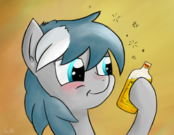 Size: 1686x1310 | Tagged: safe, artist:lazymort, imported from derpibooru, oc, oc only, oc:summer memory, pony, alcohol, berrytube, blushing, bottle, drunk, drunk bubbles, hoof hold, solo, whiskey