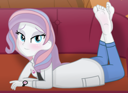 Size: 1437x1046 | Tagged: safe, artist:grapefruitface1, imported from derpibooru, potion nova, equestria girls, my little pony: pony life, barefoot, blushing, clothes, couch, equestria girls-ified, feet, feet in the air, g4.5, g4.5 to equestria girls, jeans, lab coat, looking at you, pants, sexy, show accurate, soles, solo, stupid sexy potion nova, the pose, watch