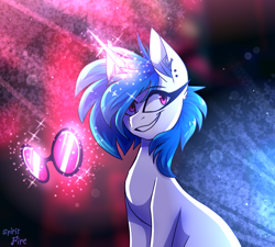 Size: 3000x2700 | Tagged: safe, artist:celes-969, artist:spirit-fire360, imported from derpibooru, dj pon-3, vinyl scratch, pony, unicorn, abstract background, ear piercing, earring, female, glasses off, glowing horn, horn, jewelry, long horn, looking at you, magic, mare, piercing, sitting, smiling, solo, telekinesis
