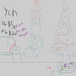 Size: 2500x2500 | Tagged: safe, artist:inky scroll, imported from derpibooru, oc, oc:inky scroll, pony, unicorn, bondage, christmas, christmas tree, commission, holiday, simple background, sketch, suspended, tied up, tree, upside down, your character here