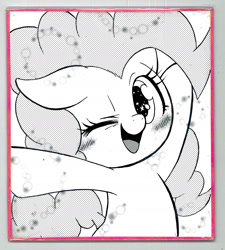 Size: 1542x1716 | Tagged: safe, artist:phoenixperegrine, imported from derpibooru, pinkie pie, earth pony, pony, black and white, blushing, bust, cute, diapinkes, ear down, female, grayscale, manga style, mare, monochrome, one ear down, one eye closed, open mouth, panel, smiling, solo, starry eyes, wingding eyes, wink