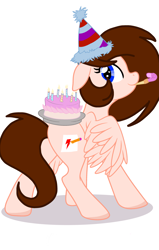 Size: 2139x3368 | Tagged: safe, artist:circuspaparazzi5678, imported from derpibooru, oc, oc only, oc:breanna, pegasus, pony, base used, birthday, birthday cake, cake, food, hat, party hat, party whistle, ponysona, solo