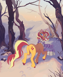 Size: 2906x3584 | Tagged: safe, artist:slowpoke, imported from derpibooru, sunset shimmer, pony, unicorn, butt, clothes, dawn, dock, female, fetlock tuft, forest, looking at you, looking back, looking back at you, mare, plot, raised hoof, raised leg, scarf, snow, solo, unshorn fetlocks, walking, winter