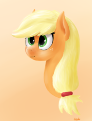 Size: 1221x1608 | Tagged: safe, artist:lazymort, imported from derpibooru, applejack, earth pony, pony, bust, female, hatless, missing accessory, simple background, smiling, solo, white background