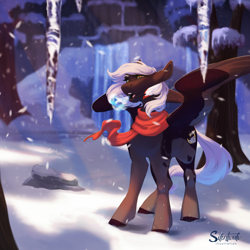 Size: 2000x2000 | Tagged: safe, artist:silentwulv, imported from derpibooru, oc, oc only, oc:cloudy night, pegasus, pony, clothes, female, mare, open mouth, scarf, snow, solo, spread wings, wings