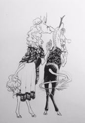 Size: 1855x2676 | Tagged: safe, artist:lady-limule, imported from derpibooru, oc, oc only, anthro, kirin, unguligrade anthro, clothes, dress, duo, inktober, inktober 2019, kirin oc, leonine tail, monochrome, traditional art