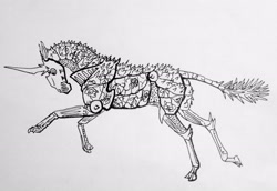 Size: 2873x1975 | Tagged: safe, artist:lady-limule, imported from derpibooru, oc, oc only, pony, unicorn, armor, horn, inktober, inktober 2019, running, solo, traditional art, unicorn oc