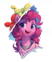 Size: 1518x1811 | Tagged: safe, artist:luciferamon, imported from derpibooru, pinkie pie, earth pony, pony, balloon, balloon hat, bust, clothes, cute, diapinkes, female, hat, hoodie, mare, open mouth, portrait, simple background, solo, white background